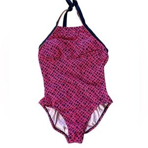 Nike One Piece Halter Top Swimsuit geometric Pink and Blue, Athletic Size Medium